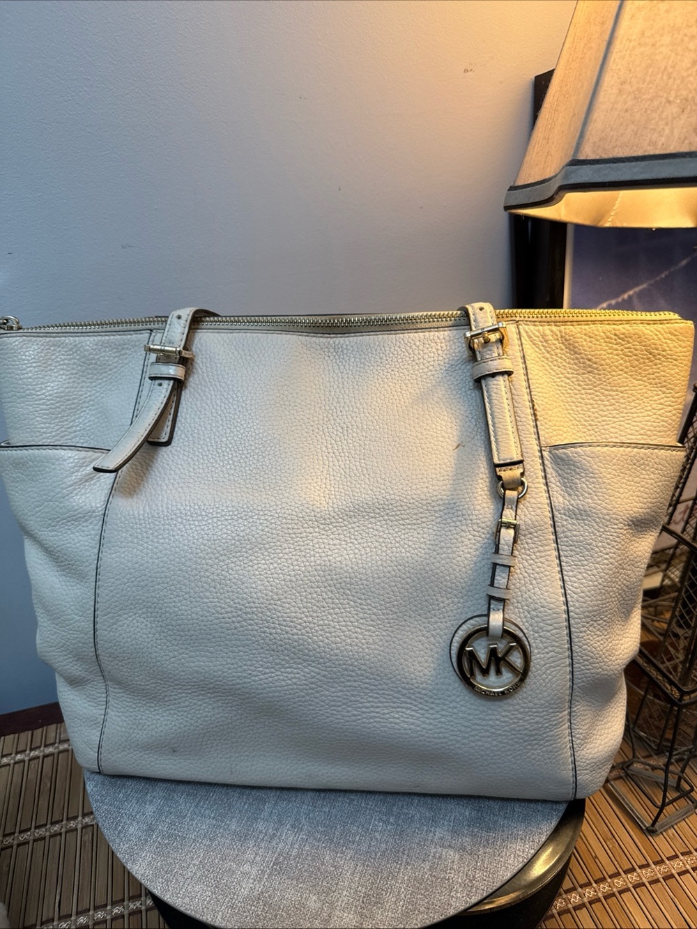 Michael Kors Cream Pebble Leather Tote with MK Charm